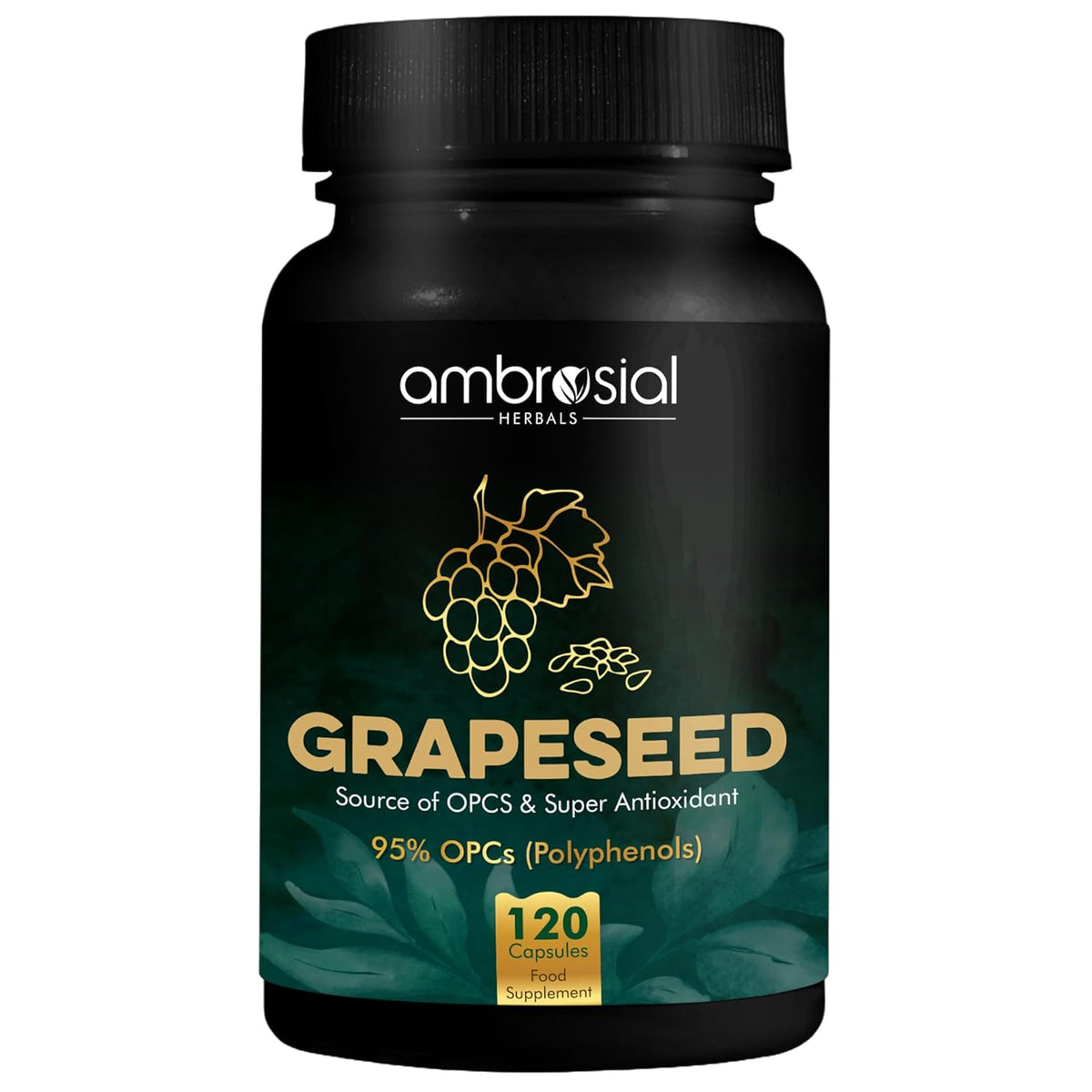 Ambrosial Grape Seed Extract Capsules 95% Opcs Polyphenols High Strength Grape Seed Supplement Strong Antioxidant | 120 Vegan Capsules 150gm 0.3lbs