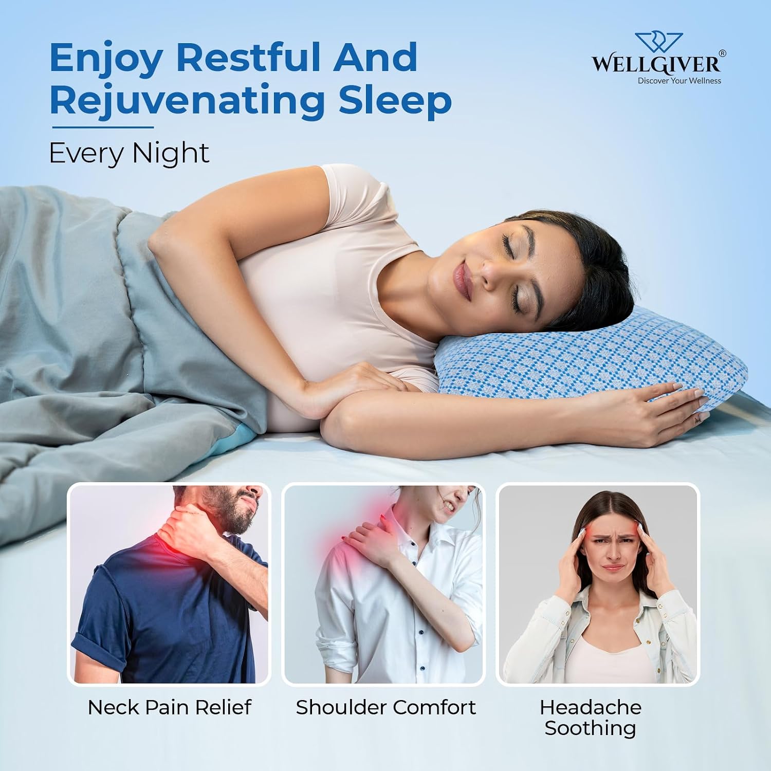 Ergonomic Memory Foam Pillow For Neck Pain Relief - 21 X 14 X 4.5 Inch | Orthopedic Pillow For Side, Back Sleeping | For Head Pain Relief, Washable Jacquard Light Blue Cover - Pack Of 2