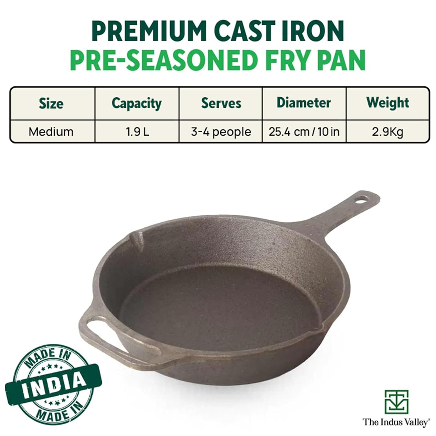 Super Smooth Black Cast Iron Fry Pan Or Skillet With Long Handle - Medium 25.4cm, 10 Inch, 1.9 Liters, 2.8 Kg | Induction Friendly, Nonstick Pre-Seasoned, 100% Pure & Toxin Free, No Chemical Coating