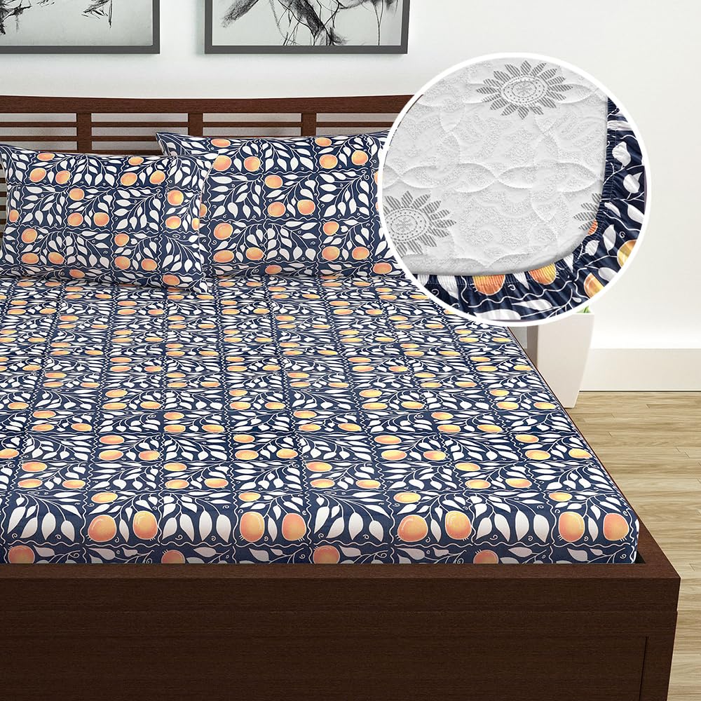 Double Bedsheet For Queen Size With 2 Pillow Covers - 60 X 78 Inches, Blue | All Around Elastic Fitted Soft, Lightweight & Breathable Cotton Bedsheet