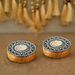 WOODEN ROUND BLOCK MANDALA STAMP PRINTING TEA LIGHTS CANDLE SET OF 2 TABLE DECOR