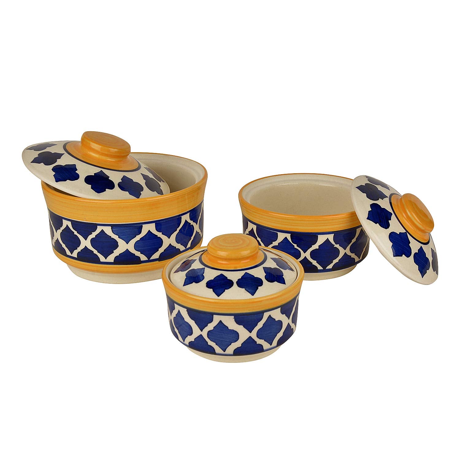 Hand Painted Ceramic Serving Donga With Lid Casserole Set Of 3 - 900ml, 500ml & 300ml, Blue & Yellow | Dinner Serving Set - Stackable Kitchen Bowl Set