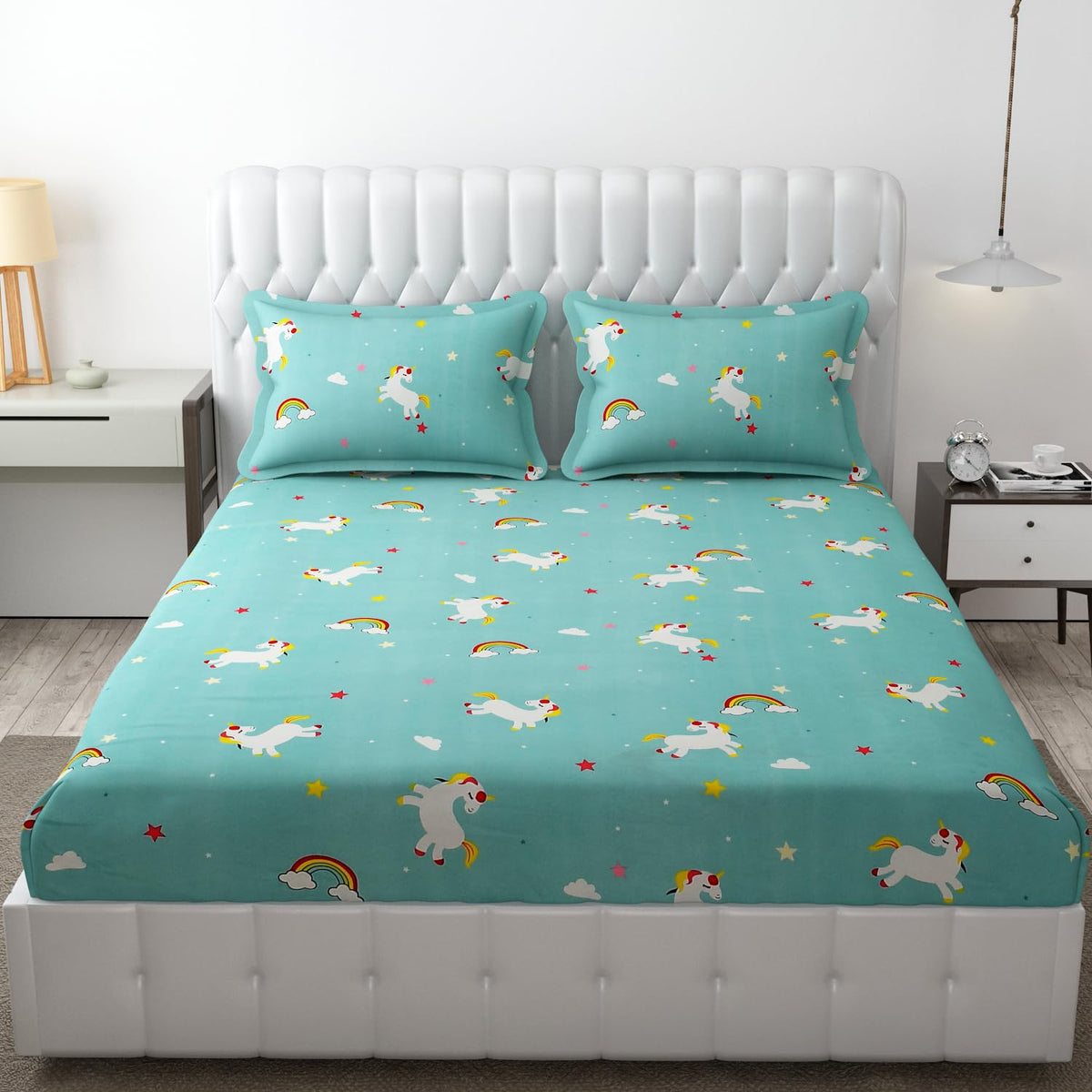 Wrinkle Free Soft Kids Double Bedsheets For King Size With 2 Pillow Cover | 90 X 95 Inches, Sky Blue | Cartoon Printed Design | Child Bedroom Decor