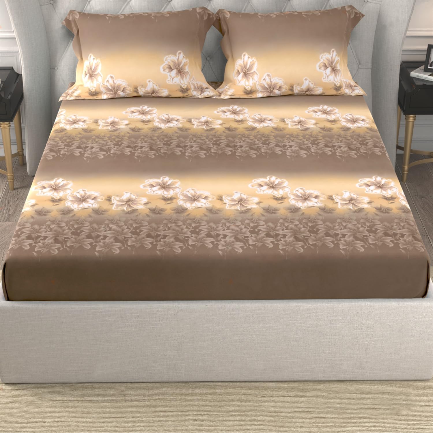Cotton Elastic Fitted Double Bedsheet For King Size With 2 Pillow Covers - 78 X 72 + 8 Inches, Brown & Cream | Soft Wrinkle Free & Breathable Elastic Bedsheets For King Size Bed