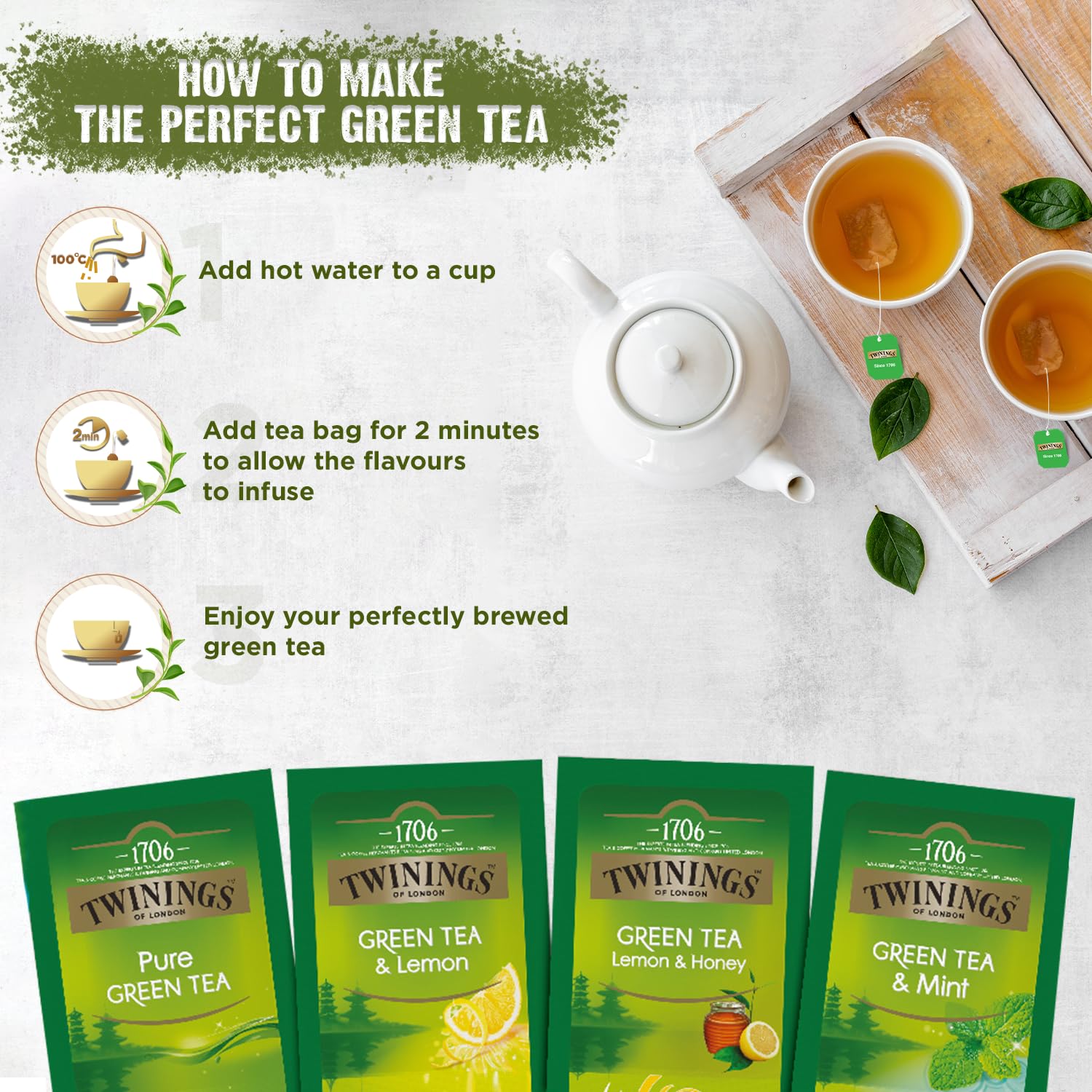 Twinings Green Tea Collection Pack - Includes 4 Different Flavors | Pure Green Tea+ Green Tea & Mint+ Lemon & Honey+ Green Tea & Lemon - 24 Enveloped Tea Bags | Caffeine Free
