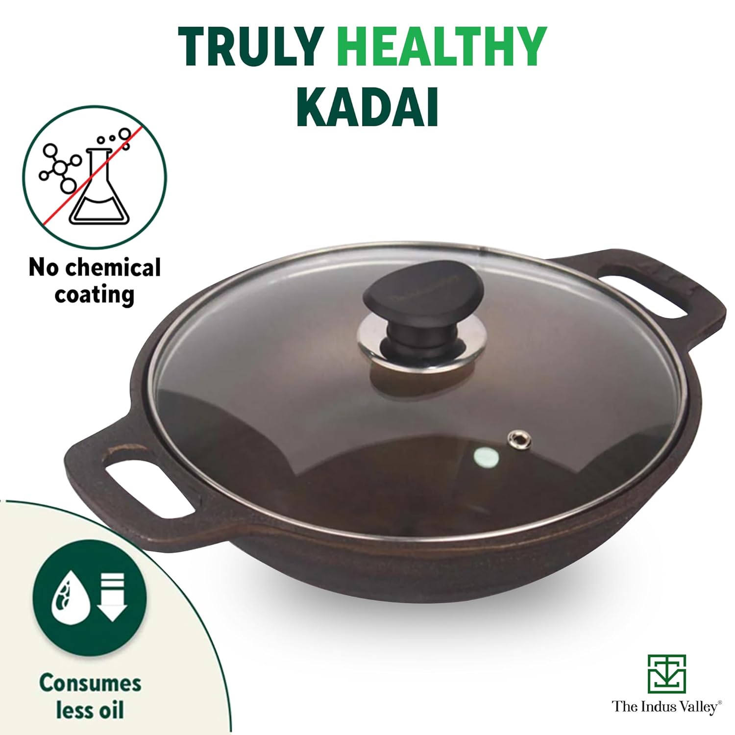 Super Smooth Black Cast Iron Kadai With Glass Lid - Medium, 10.2 Inch, 26 Cm, 2.5 Liters, 2.4 Kg | Naturally Nonstick, Pre-Seasoned Kadhai, 100% Pure & Toxin-Free, No Chemical Coating