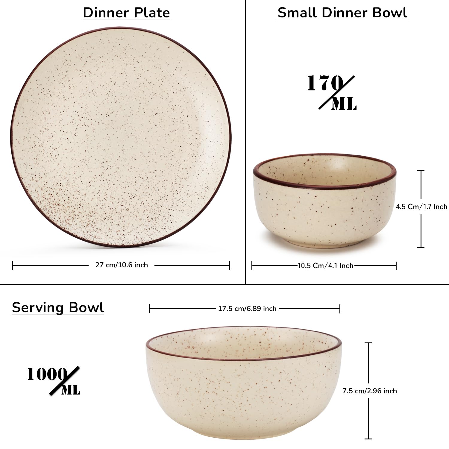 Handcrafted Ceramic Stoneware Dinner Set Of 20 Pcs With Serving Bowl Set - Beige Speckled | 6 Dinner Plates, 10.6 Inch Each + 12 Small Dinner Bowl, 170ml Each+ 2 Serving Bowl, 1000ml Each