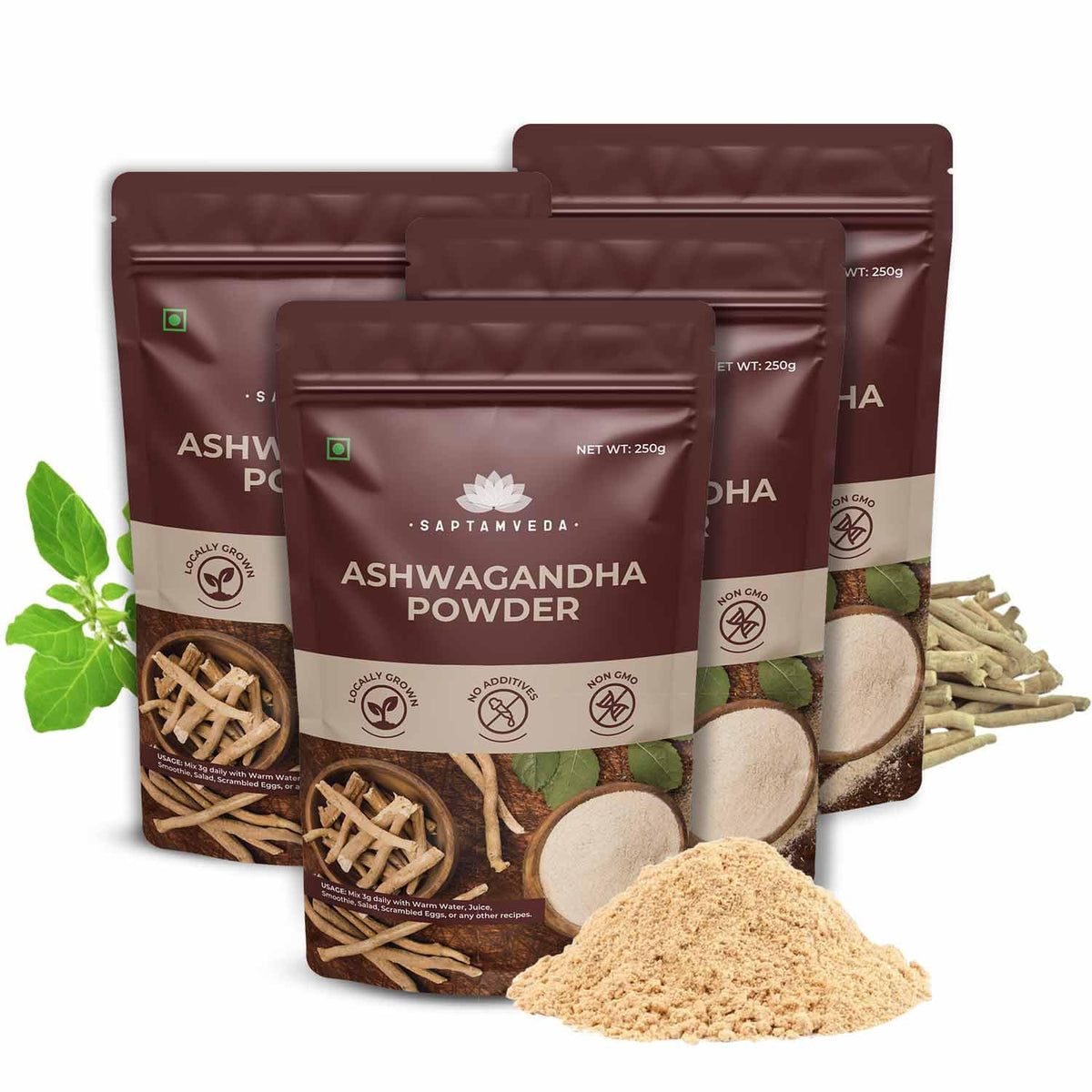 Saptamveda Premium Organic Ashwagandha Powder Withania Somnifera, For Men & Women | 250gm 0.5lbs Each Pack Of 4