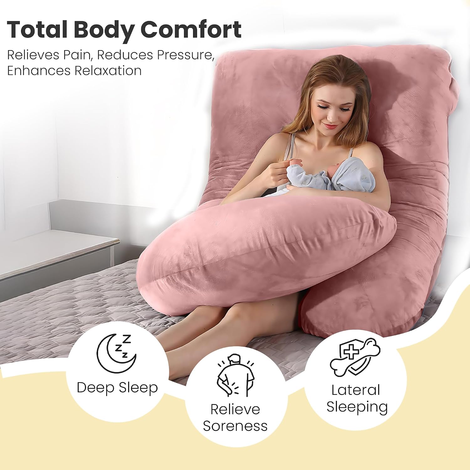J Shape Full Body Pillow, Pregnancy Pillows For Sleeping, Adjustable, Peach Color | Maternity Pillows For Back, Hips, Legs, Belly | For Pregnant Women With Removable, Washable Velvet Cover