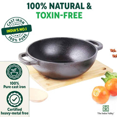 Super Smooth Cast Iron Kadai With Flat Handles & Silicon Grip - Medium, 25.4cm, 10 Inch, 2.5 Liters, 2.4 Kg | Naturally Nonstick, 100% Pure & Toxin-Free, No Chemical Coating