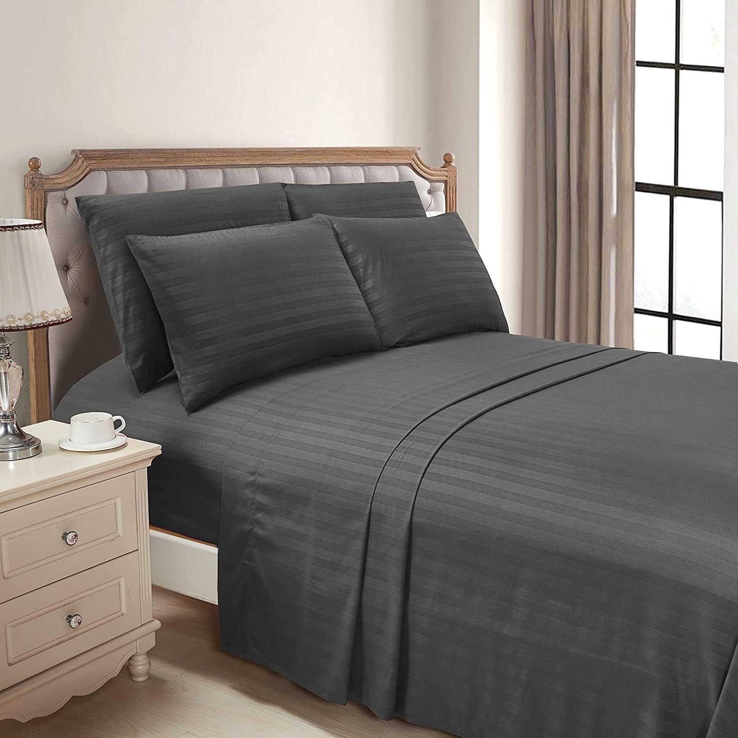Super King Size Bedsheet For Double Bed With 2 Pillow Cover - 108 X 108 Inches, Dark Grey | Durable & Easy Care Fade-Resistant, Wrinkle-Free