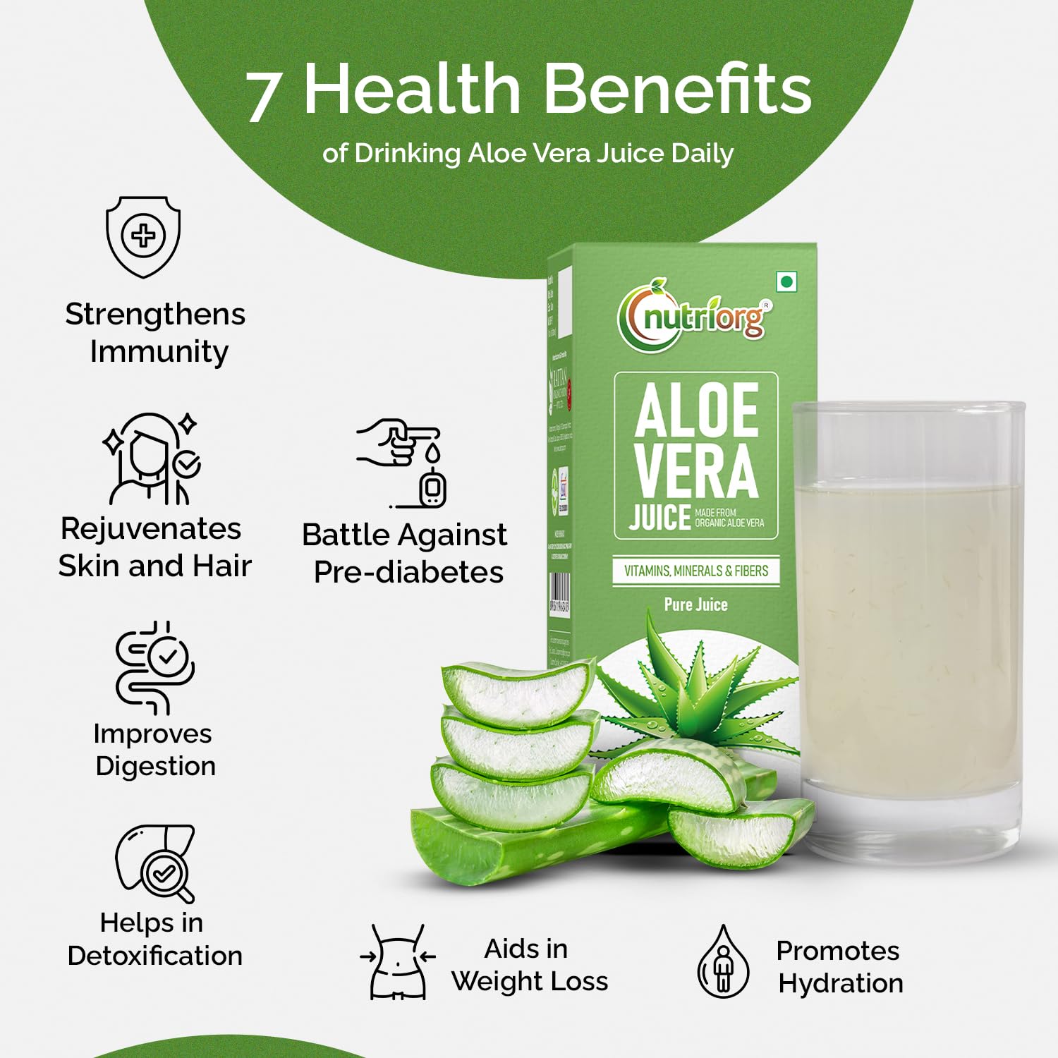 Nutriorg Organic Aloe Vera Juice With Pulp, Cold - Pressed Pure Aloe Vera Supports Hair, Skin, Detox, Weight Loss & Immunity, No Added Sugar Ayurvedic Juice Digestive Health | 500ml 1.1lbs