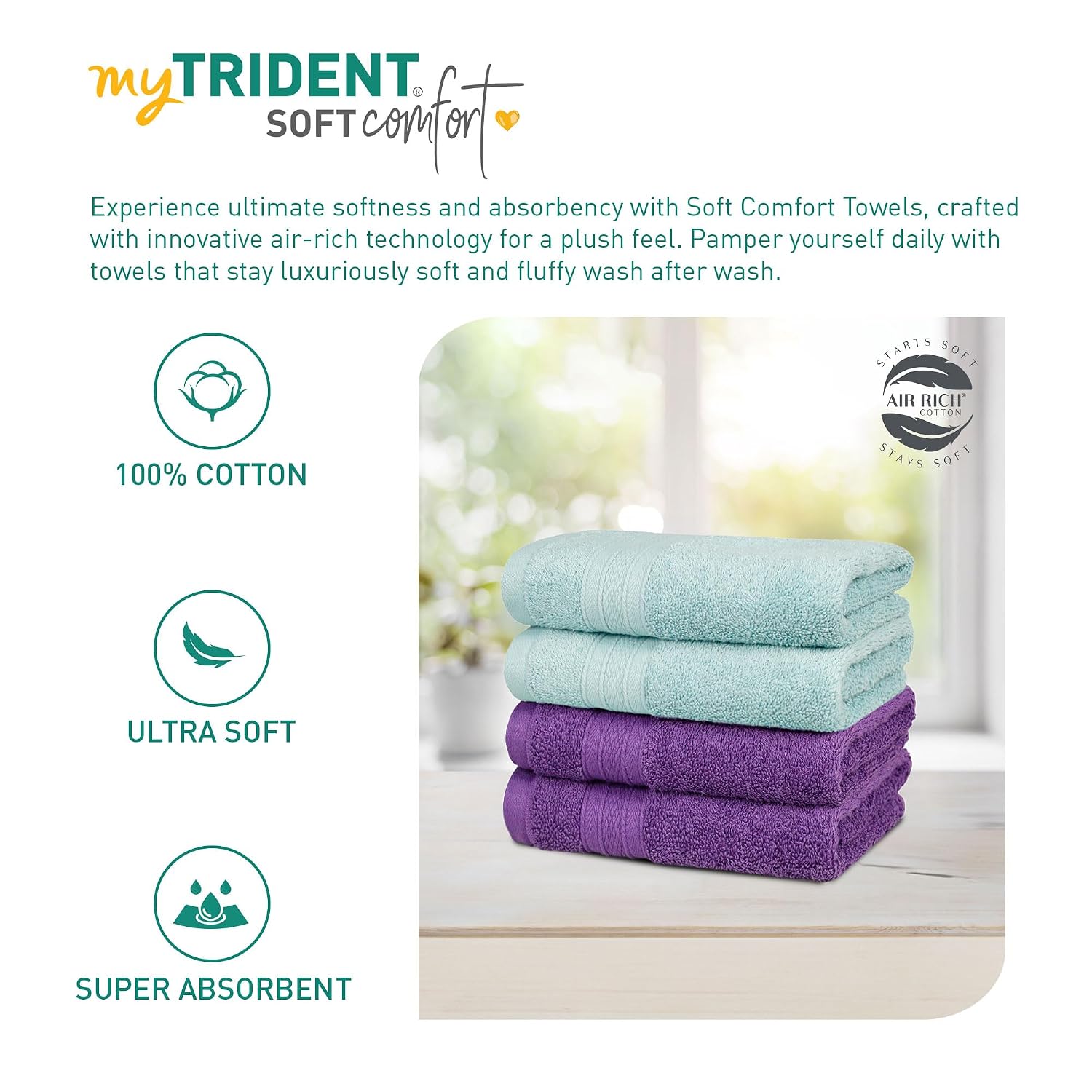 Mytrident Soft Comfort Air Rich 100% Cotton Hand Towel 800 Gsm | Highly Absorbent Towels For Men & Women Hand Towel (Nile Blue & Plum) - 4 Pcs