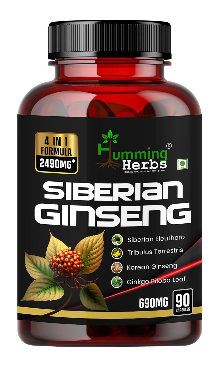 Humming Herb Siberian Ginseng Energy Boosting, Immune Supporting & Performance Enhancing, Includes Ginkgo Biloba Leaf, Tribulus Terrestris & Korean Eleuthero Root 2490mg | 90 Capsules 150gm 0.3lbs