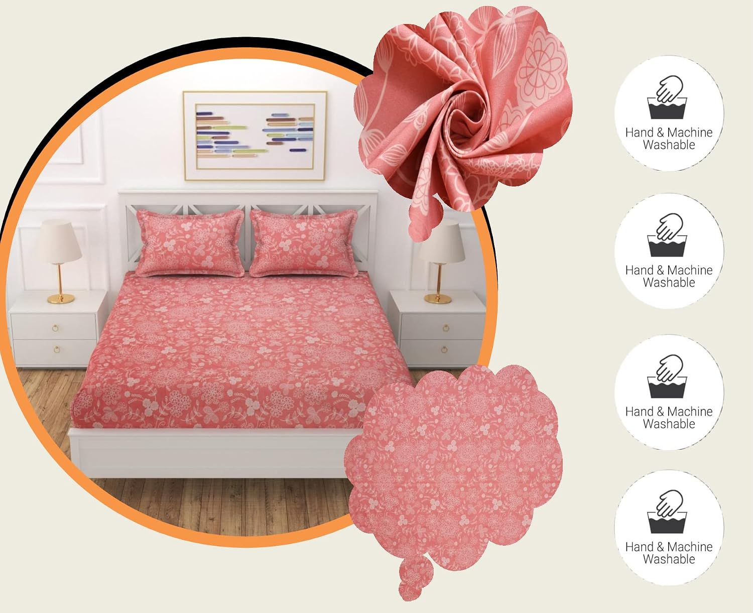 Designer Double Bedsheet King Size With 2 Matching Pillow Covers - 90 Inch X 100 Inch, Pink | Breathable & Wrinkle Free Smooth Bedding Set