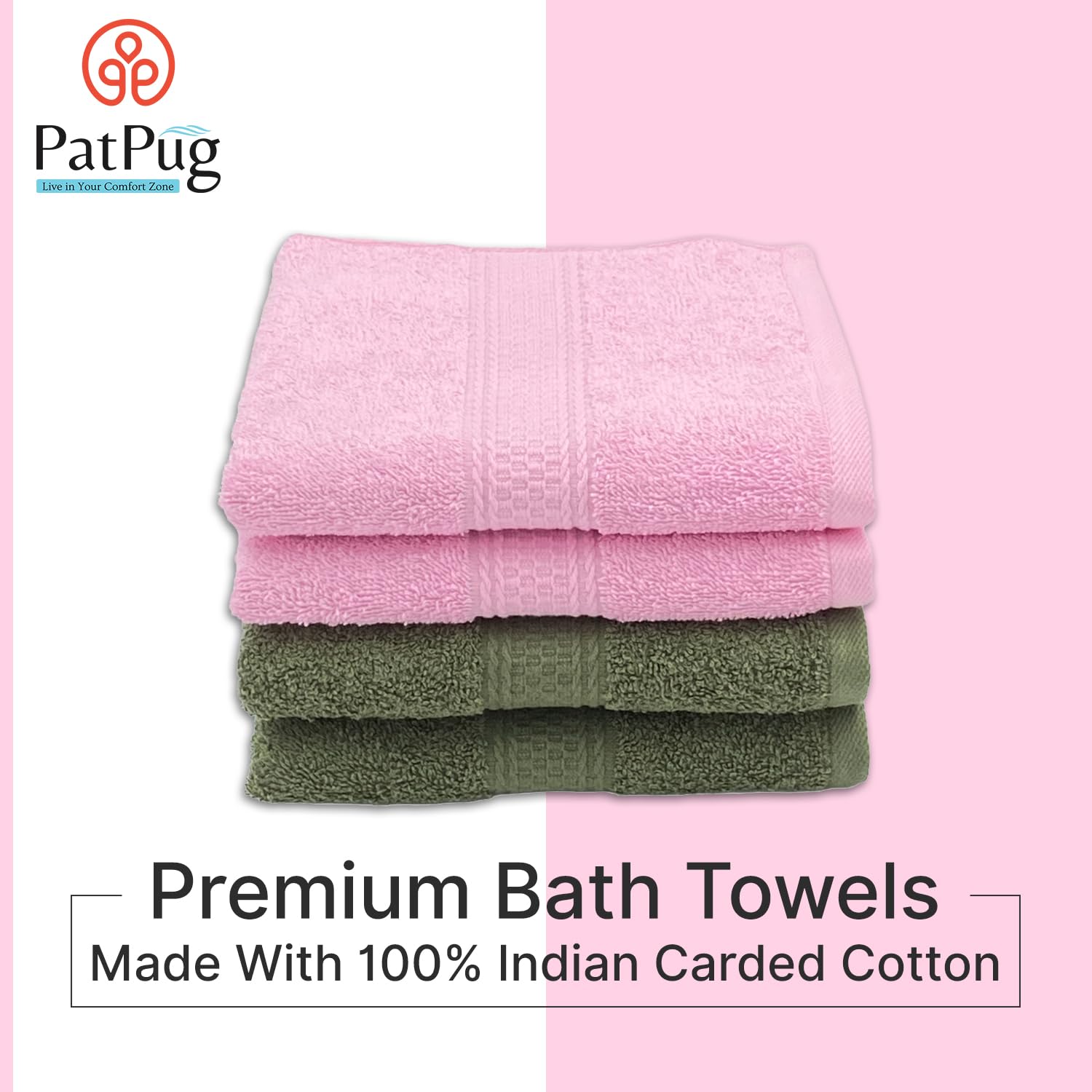 Patpug 100% Indian Ultra Soft Cotton Hand Towel 800 Gsm | For Gym, Workout, Yoga, Wash Basin (Baby Pink & Olive Green) - 4 Piece