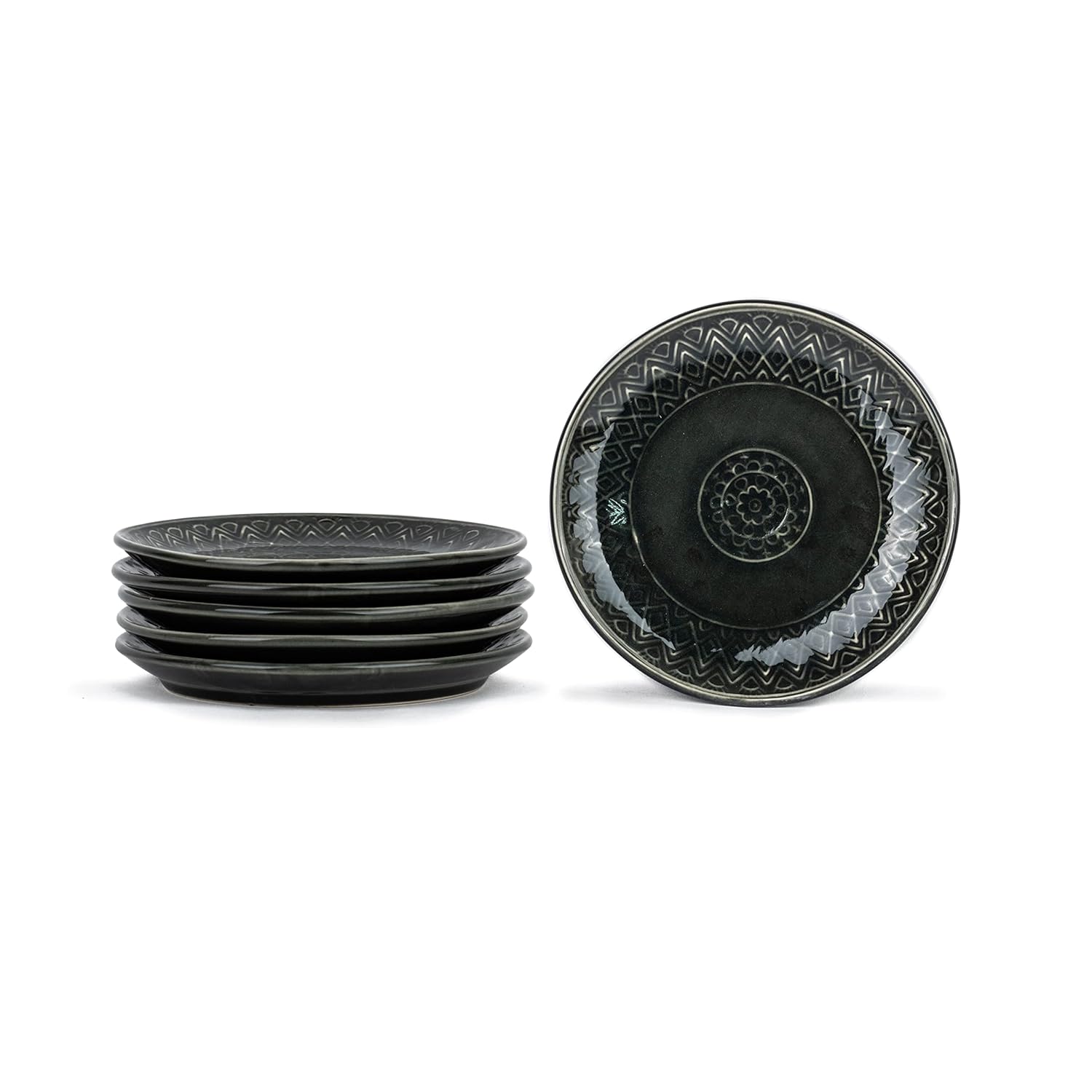 Quarter Plates Set Of 6, Black Carving | Ceramic Snack Plates - Snacks Plates Set | Dessert Plates - Snack Plate | Small Plates With Glossy Finish - Microwave Safe & Chip Resistant