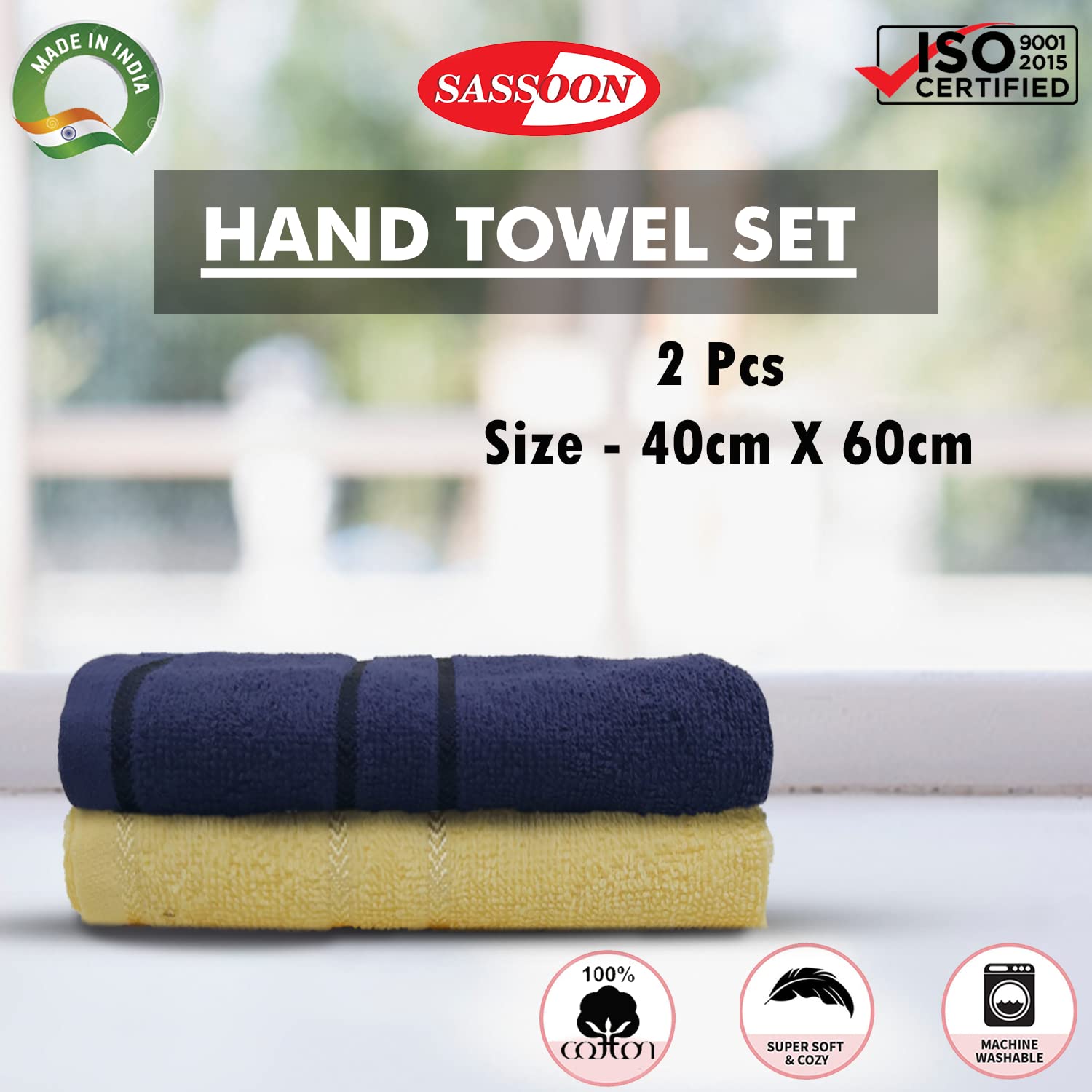 Sassoon Melrose 100% Cotton Hand Towel 400 Gsm | Highly Absorbent, Soft Material Perfect For Daily Use (Midnight & Lemon) -2 Piece