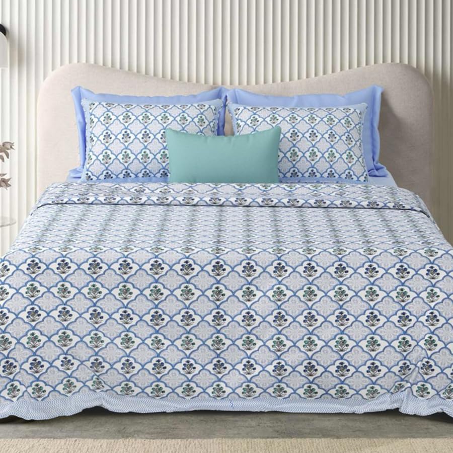 Double Bedsheet For King Size With 2 Matching Pillow Covers (90 X 108 Inches) Sky Blue | Pure Cotton Jaipuri Bedsheet | Cotton Bedsheet Is Suitable For All Seasons