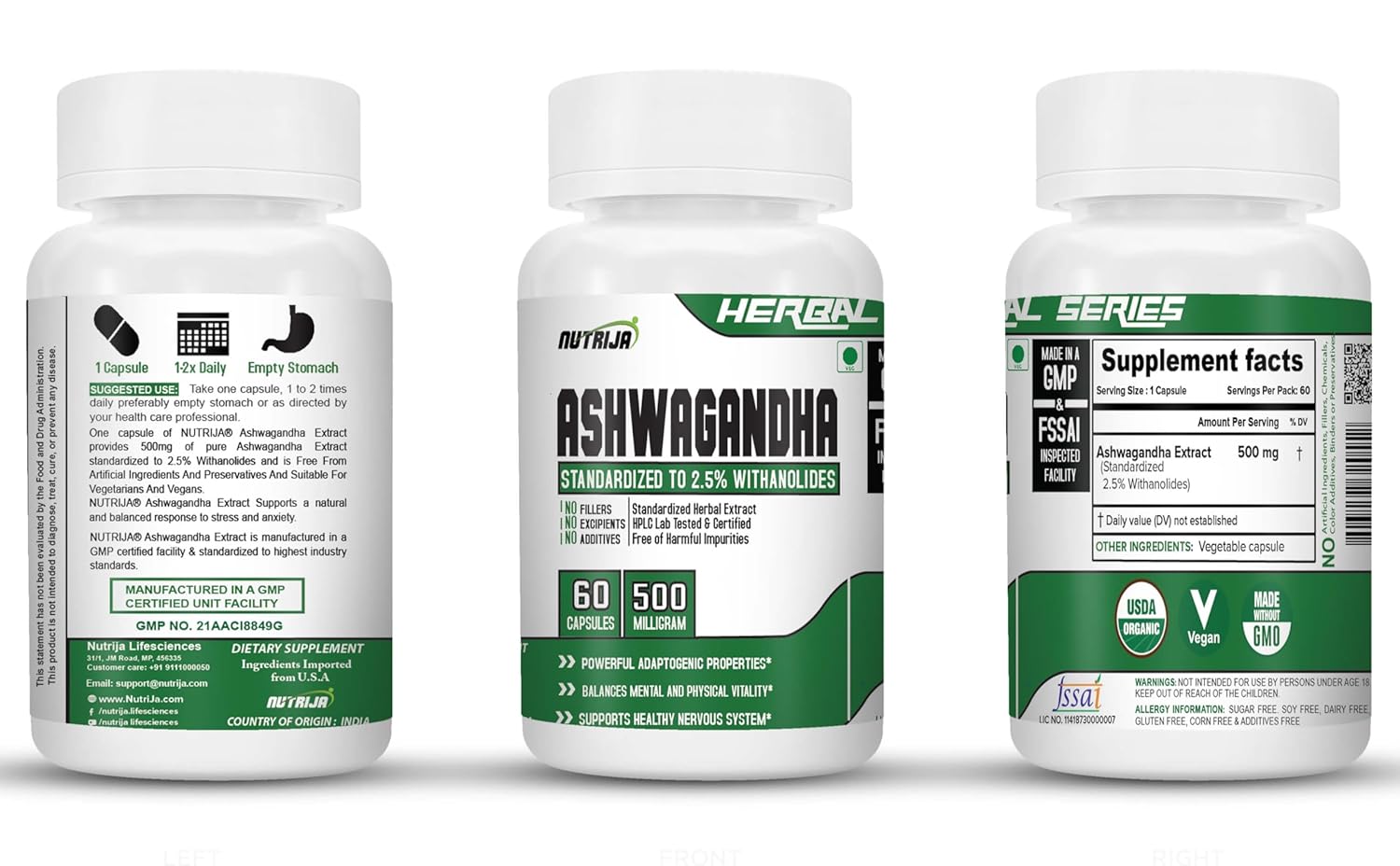 Nutrija Ashwagandha 500mg, Balances Mental & Physical Vitality, Supports Healthy Nervous System | 60 Capsules 100gm 0.2lbs