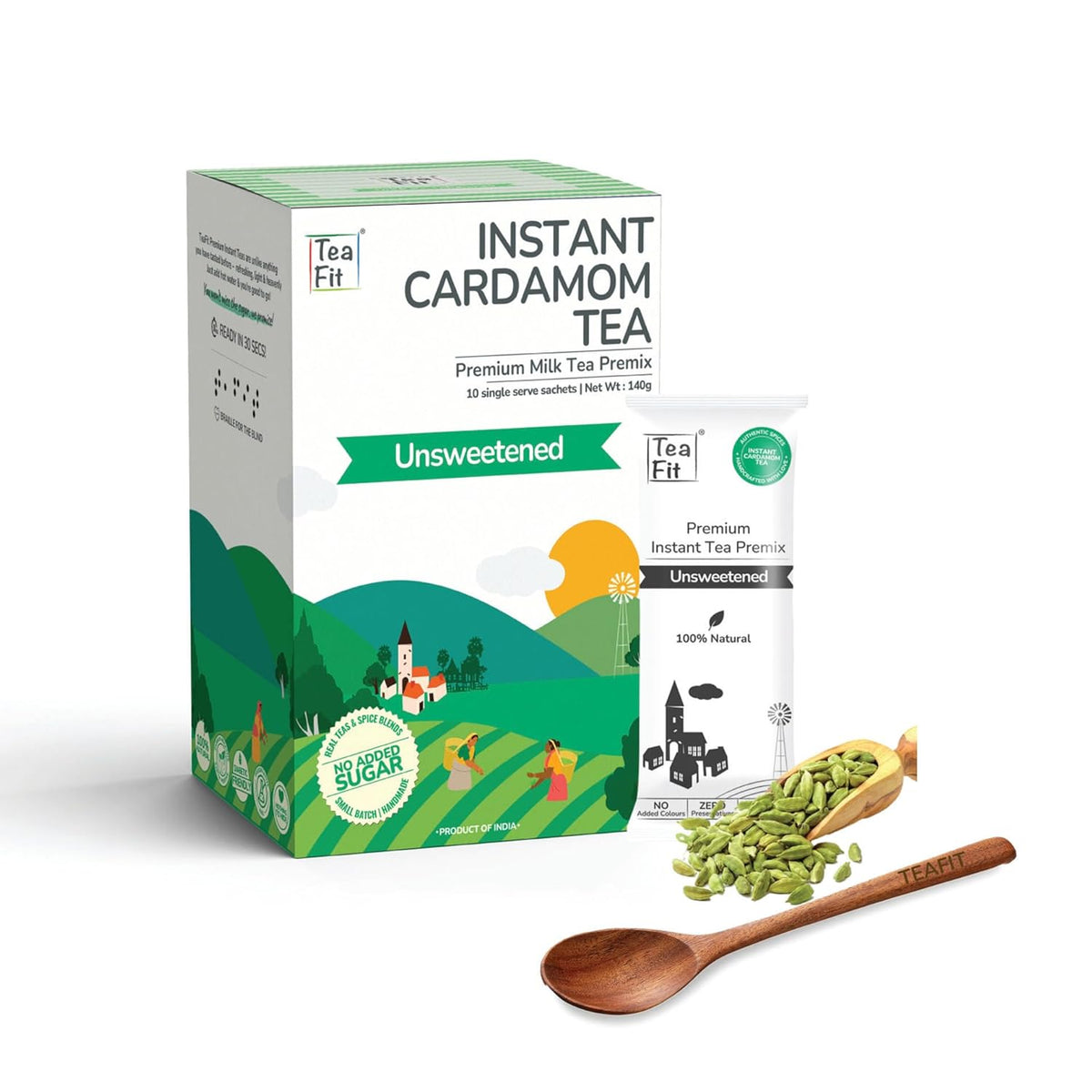 Teafit Unsweetened Instant Cardamom Tea Premix - Pack Of 30 Sachets, 420gm, 14.8 Ounce | Premium Milk Tea Premix, Just Add Water - Strong Home Like Elaichi Chai | Medium Caffeine