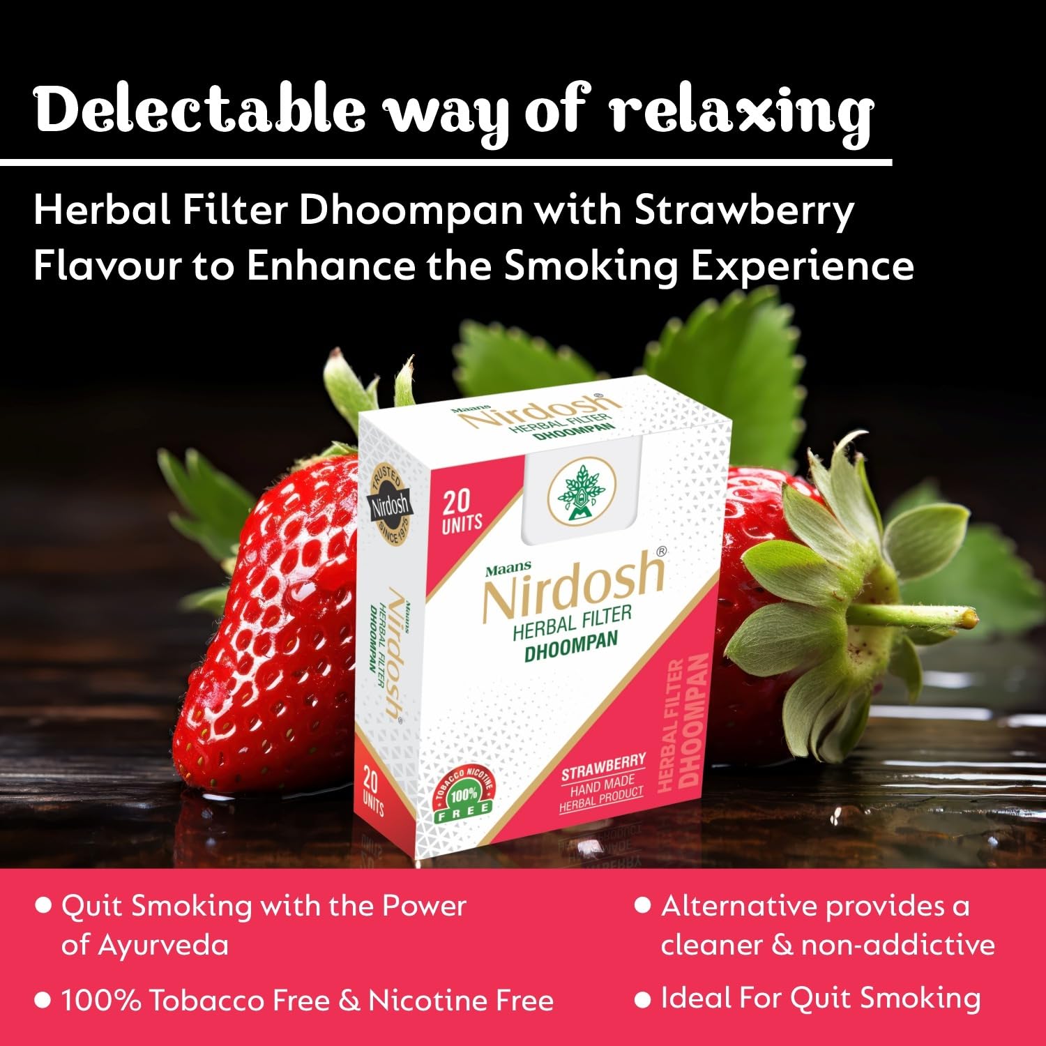Strawberry Flavored Herbal Filter Dhoompan Sticks - Pack Of 2X 20 Pcs Herbal Cigarette | Bidi Sticks Rolled In Tendu Leaves, Non-Addictive Sticks - Tobacco Free & Nicotine Free