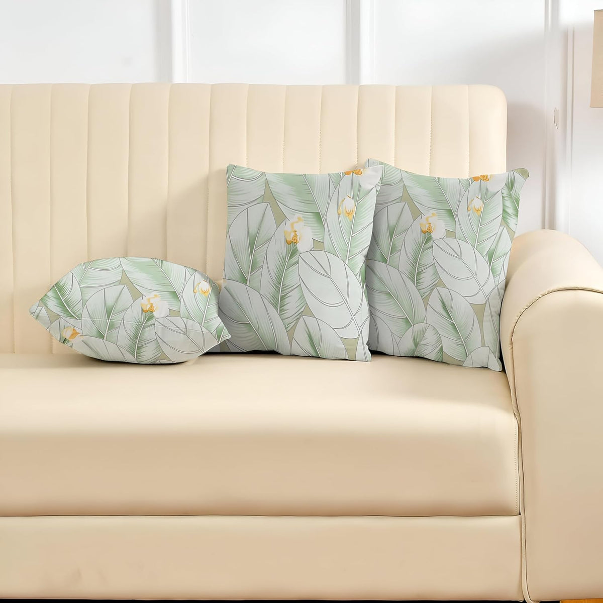 Microfiber Square Pillow Cushion For Sofa & Bed, Light Green - 24 X 24 Inch | Green Leaf Deign, Fluffy For Comfort & Back Support | Premium Cotton Cushion Cover With Zip - Set Of 3