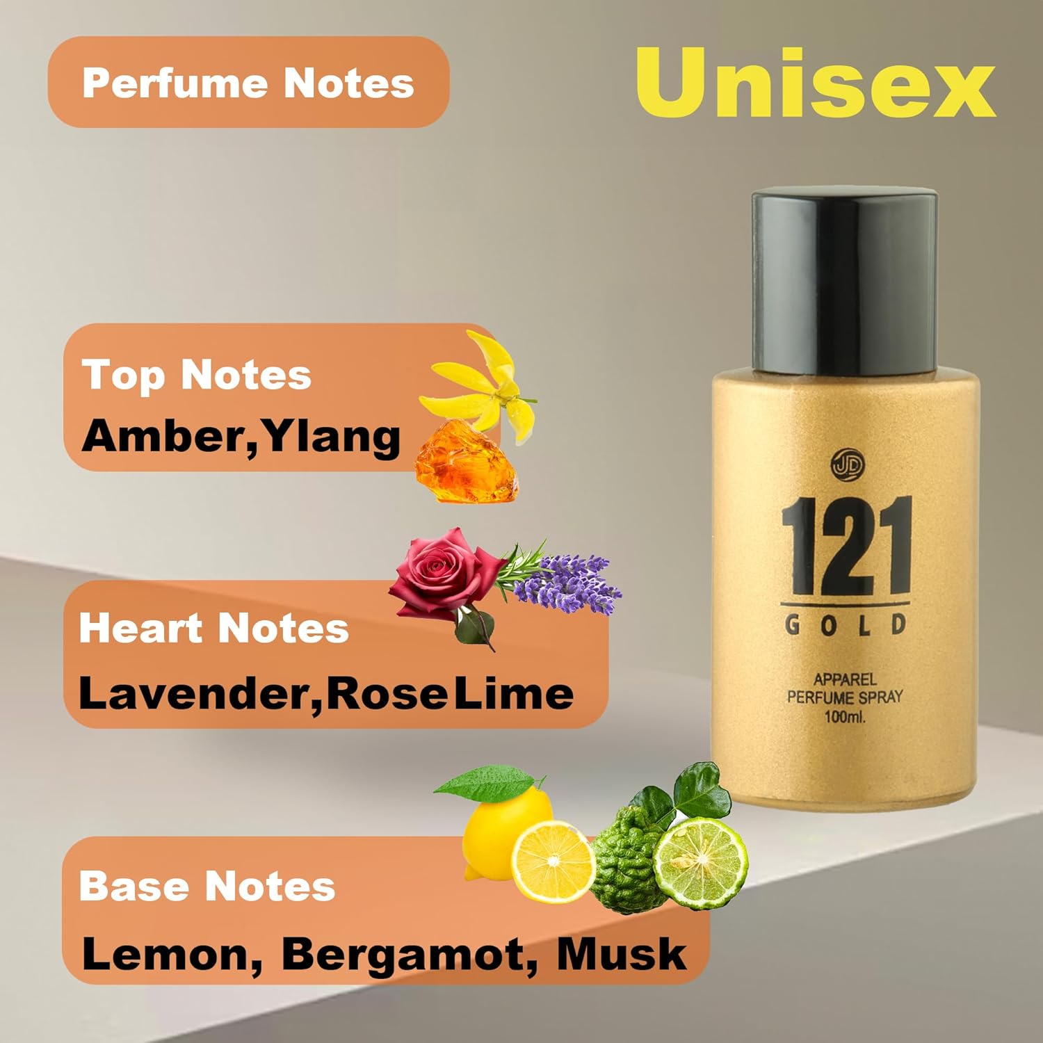JD International 121 Gold Apparel Unisex Perfume With Long Lasting Fragrance - 100ml, 3.4 Fl.oz. | Perfume For Men & Women