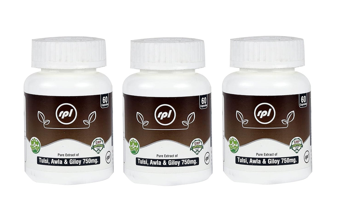Rhone Private Limited Tulsi Awla Giloy Ayurvedic Immunity Wellness Capsules, Boost Immunity But Also Maintain Skin & Hair Health | 60 Capsules 100gm 0.2lbs Each Pack Of 3