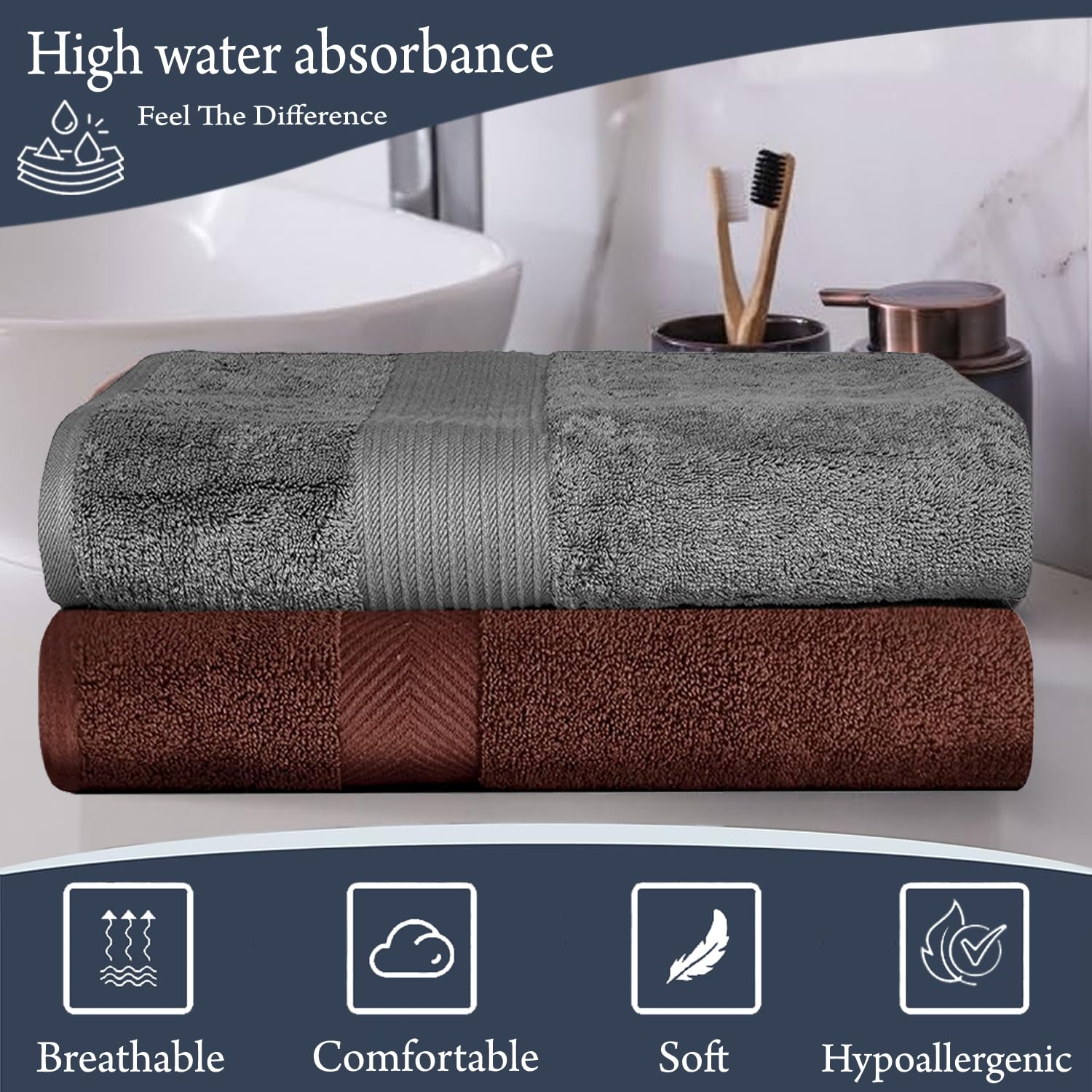 Fresh From Loom Luxury Edition Egyptian 100% Pure Cotton Bath Towel 1200 Gsm | High Water Heavy Soft Dual Stitched Bath Towel (Grey) - 2 Pcs