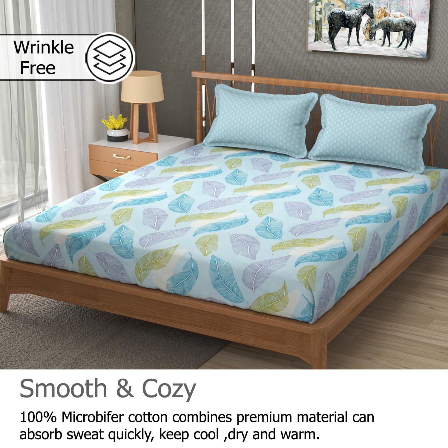 Printed King Size Bedsheet With 2 Pillow Cover - 108 X 108 Inches, Aqua | Double Bed Breathable & Wrinkle Free | All-Season Comfort Bedsheet