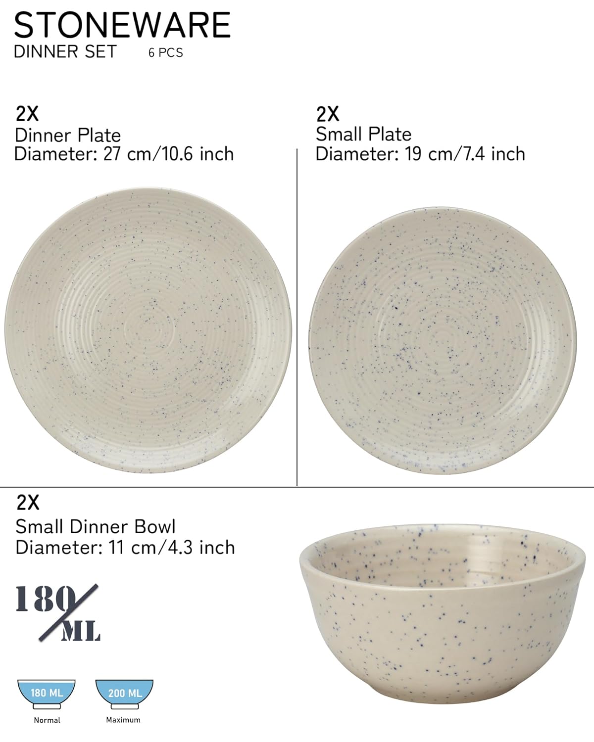 Handcrafted Ceramic Stoneware Dinner Set Of 6 Pcs - Ivory White | 2 Dinner Plates, 10.6 Inch Each + 2 Small Plates, 7.4 Inch Each + 2 Small Dinner Bowl, 180ml Each | Microwave & Dishwasher Safe