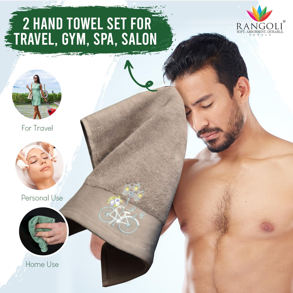 Rangoli 100% Cotton Martin 1 Bath & 2 Hand Towels 900 Gsm | Quick Dry, Ultra Soft, Highly Absorbent Printed Hand Towel For Men & Women Luxury & Highly Absorbent Towels - Blugrn (Set Of 3)
