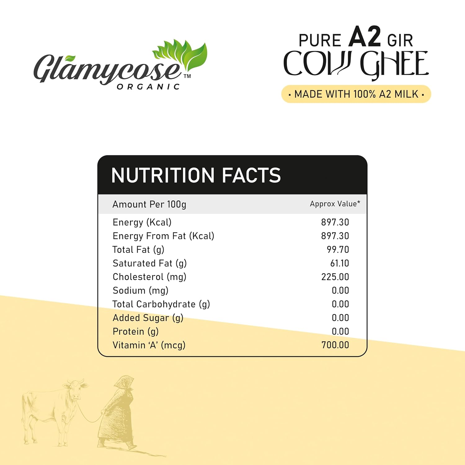 Natural Premium Desi Cow Ghee By Glamycose | High In Protein Fiber Healthy Desi Ghee For Heart Health | 1 Litre (500ml * 2) 33.8 Ounce | Box Pack