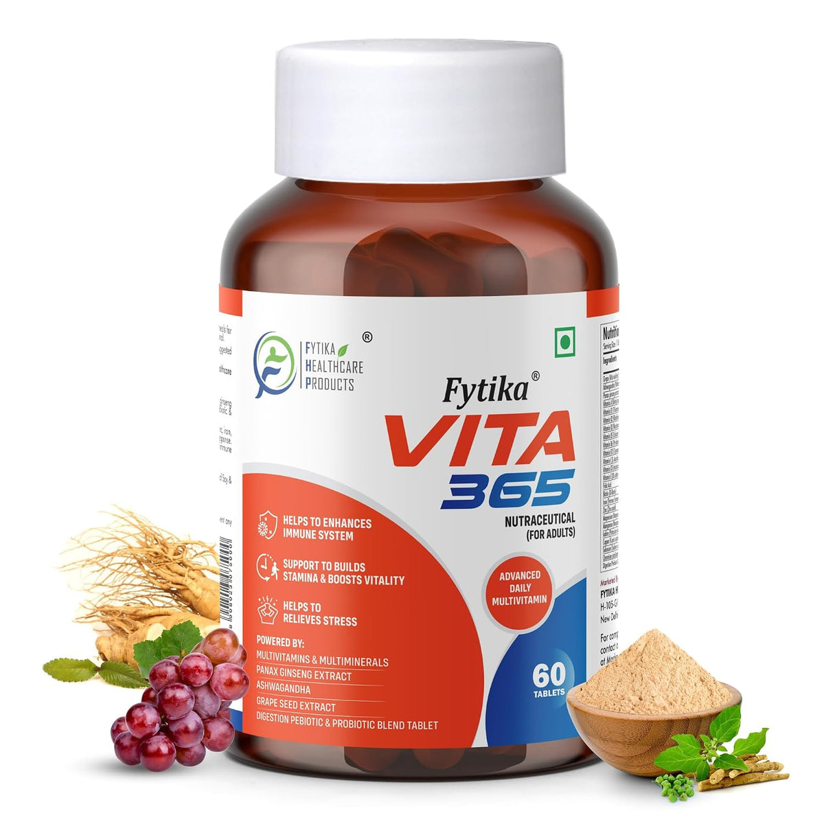 Fytika Healthcare Vita 365, Multivitamin With Probiotics Vitamin B12, Zinc, Biotin, Mineral, Ginseng & Ashwagandha, Enhances Energy, Immunity, Hair & Skin | 60 Tablets , 100gm 0.2lbs