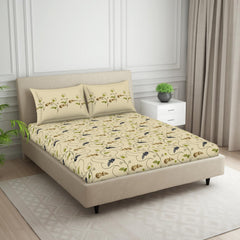 Double Bedsheet With 2 Pillow Covers (Size 88 X 100 Inch) Beige | Breathable Pure Cotton Queen Size Bedsheet | Floral Design Bedsheet
