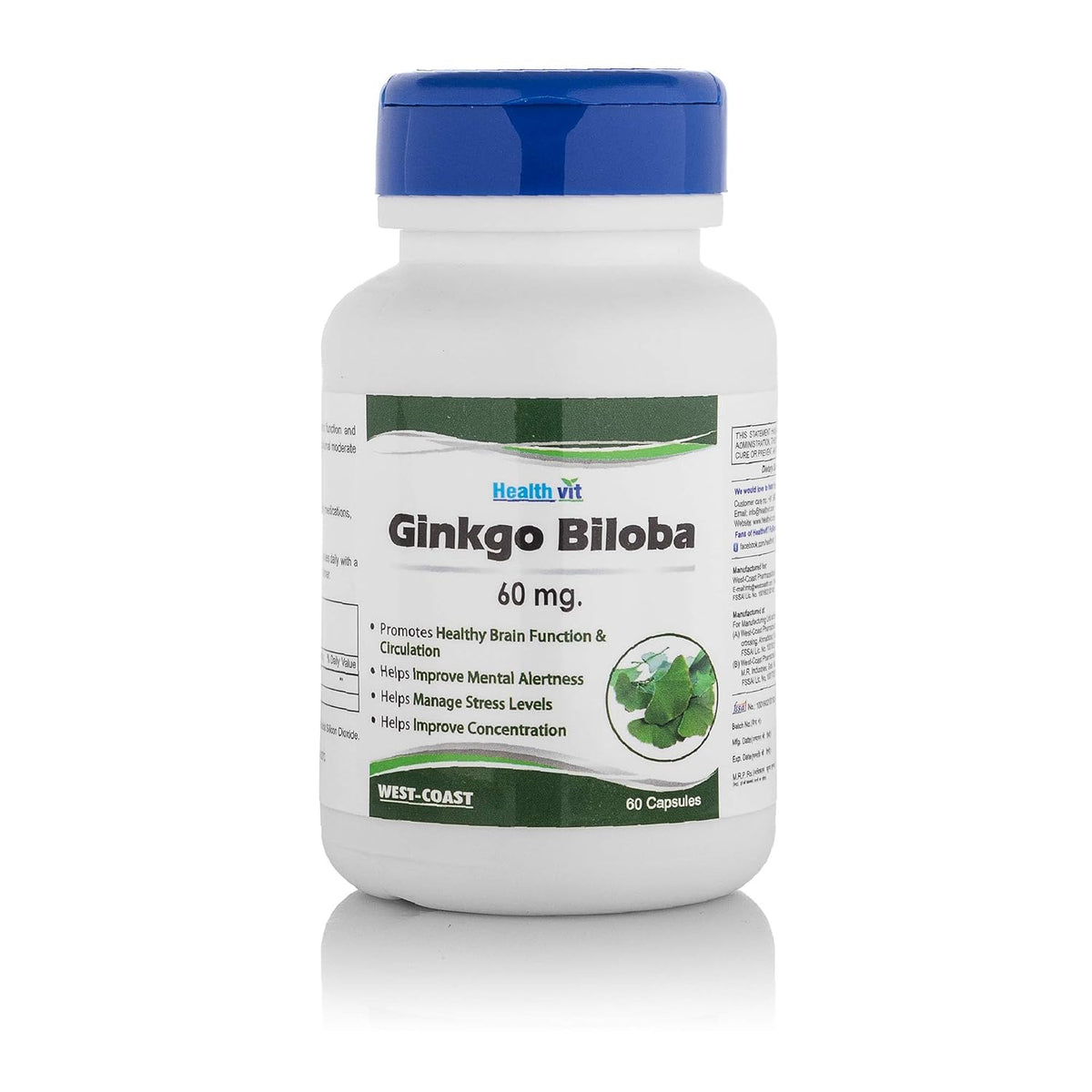 Healthvit Ginkgo Biloba 60mg For Healthy Brain Function Manage Stress Levels, Improve Mental Alertness, Improve Concentration | 60 Capsules 100gm 0.2lbs