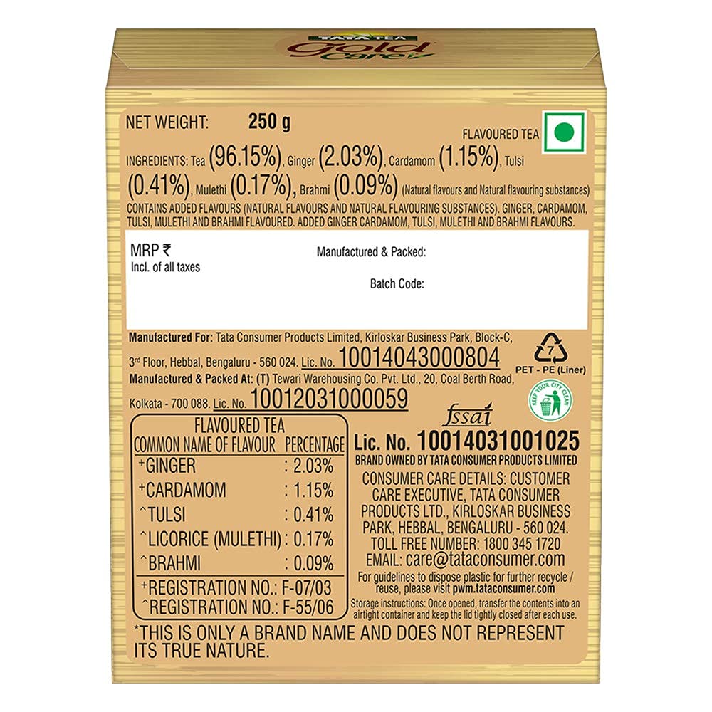 Tata Tea Gold Care Tea - 250gm, 8.8 Ounce | Goodness Of Elaichi, Ginger, Tulsi, Brahmi & Mulethi - Medium Caffeine Loose Leaves Chai Patti | Aroma & Rich Taste