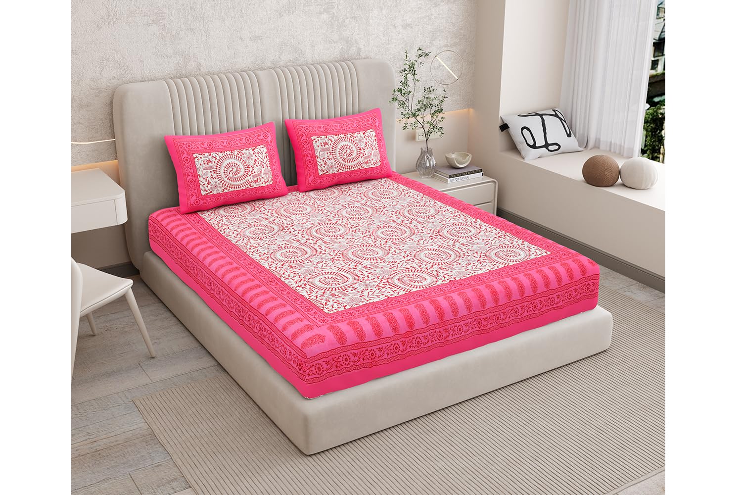Printed Bedsheet For Double Bed With 2 Pillow Covers - 83 X 94 Inches, White & Pink | Ideal For Hotel, Guest House, Home | Traditional Jaipuri Bedsheets