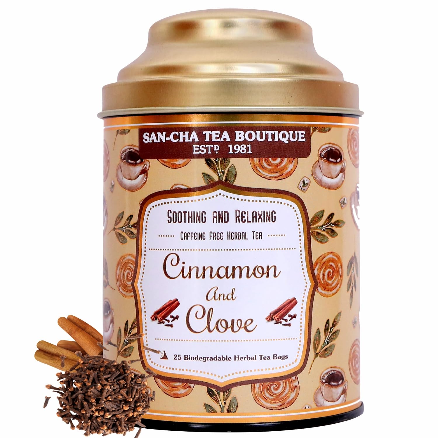 San-Cha Cinnamon & Clove Herbal Tea - 25 Biodegradable Pyramid Tea Bags | Soothing & Relaxing - Caffeine Free, Environment Friendly