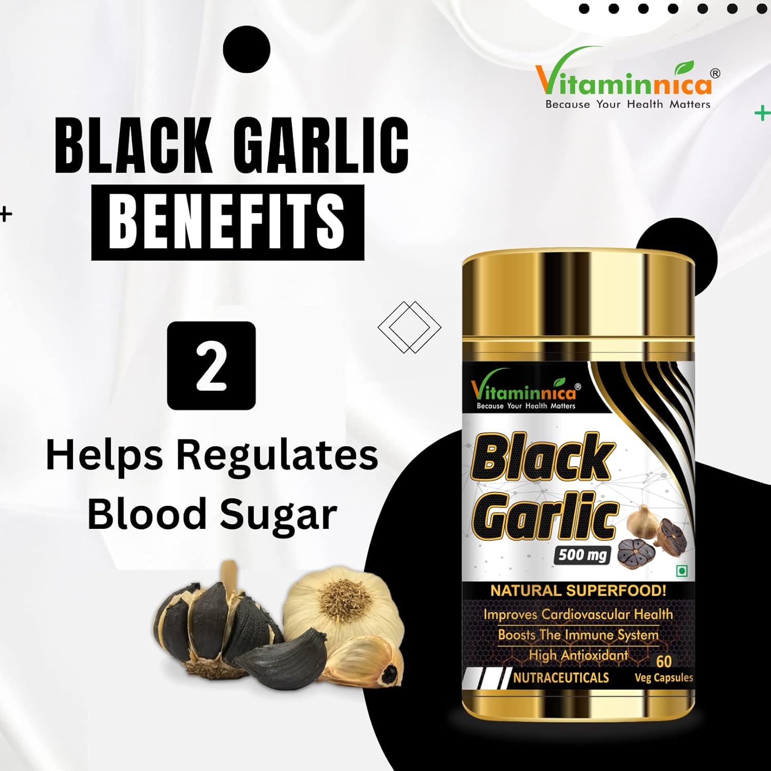 Vitaminnica Natural Black Garlic Capsules Superfood Immunity Booster, Heart & Weight Management, Detox Antioxidant Supplement | 60 Veg Capsules 100gm 0.2lbs
