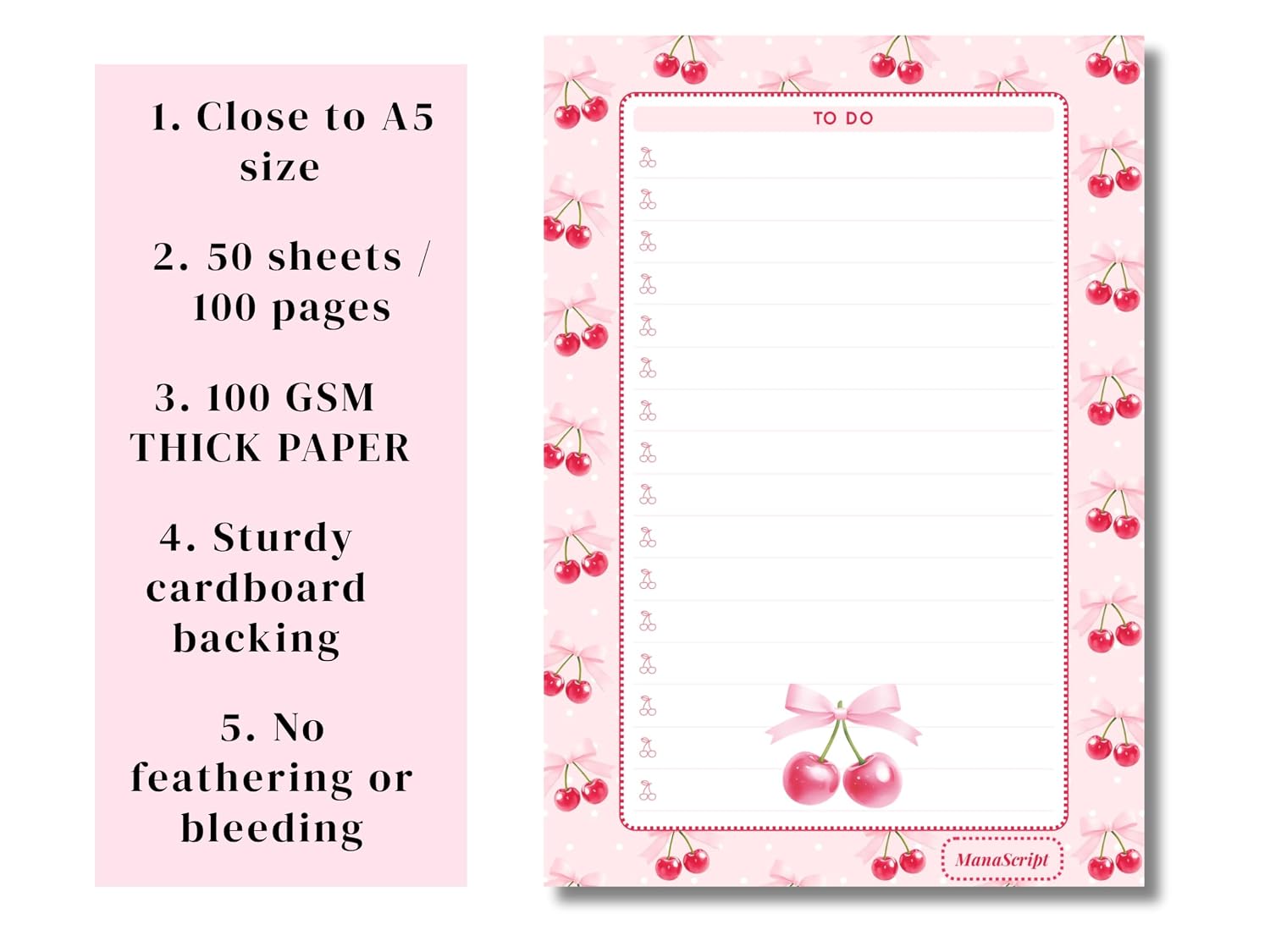 A5 Notes/To Do List Notepad, Beautiful Daily Checklist Pad, Tear-Off Sheets (Cherry) Pack Of 1