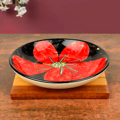 Hand Painted Chic & Sleek Ceramic Shallow Serving Bowl - 8.5 Inches, Red & Black | Salad Bowl, Pasta Serving Bowl - Snack Bowl