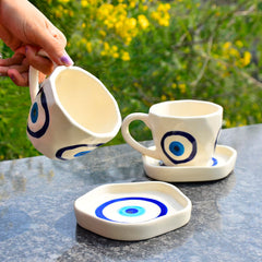 Hand Painted Ceramic Cup & Saucer Set Of 2 - Multicolor, 250ml Each | Microwave Safe Tea Cups & Mugs - Chai Cups & Plates