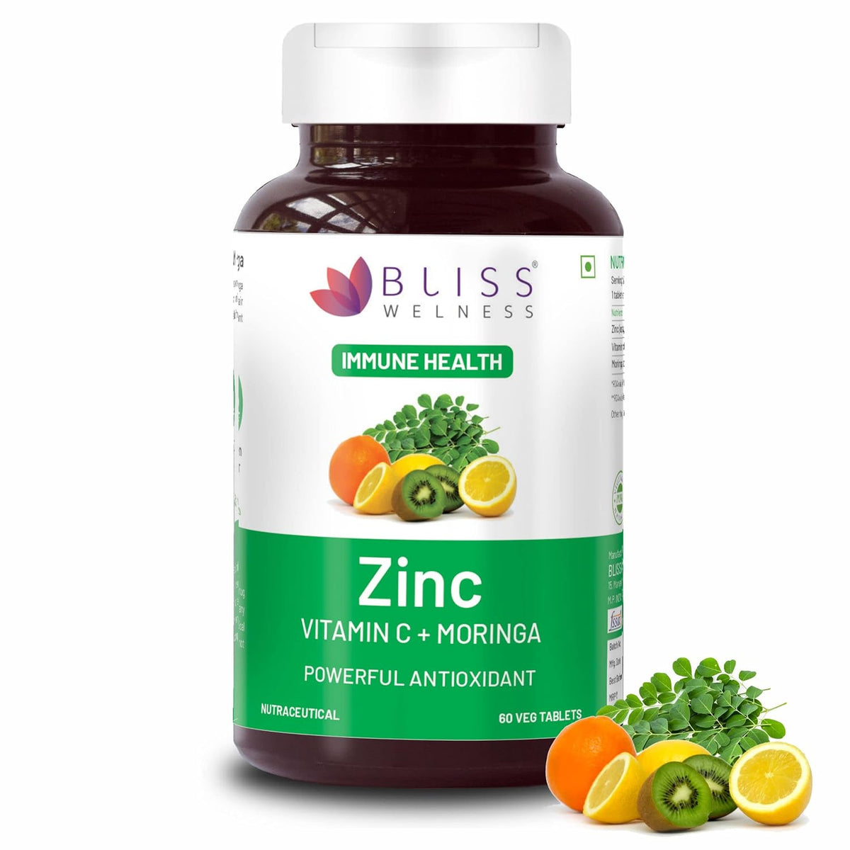 Bliss Welness Immunity Booster Skin Glow | Vitamin C + Zinc Citrate + Moringa Extract | Immune Boost Antioxidant Supplement | 60 Veg Tablets , 100gm 0.2lbs