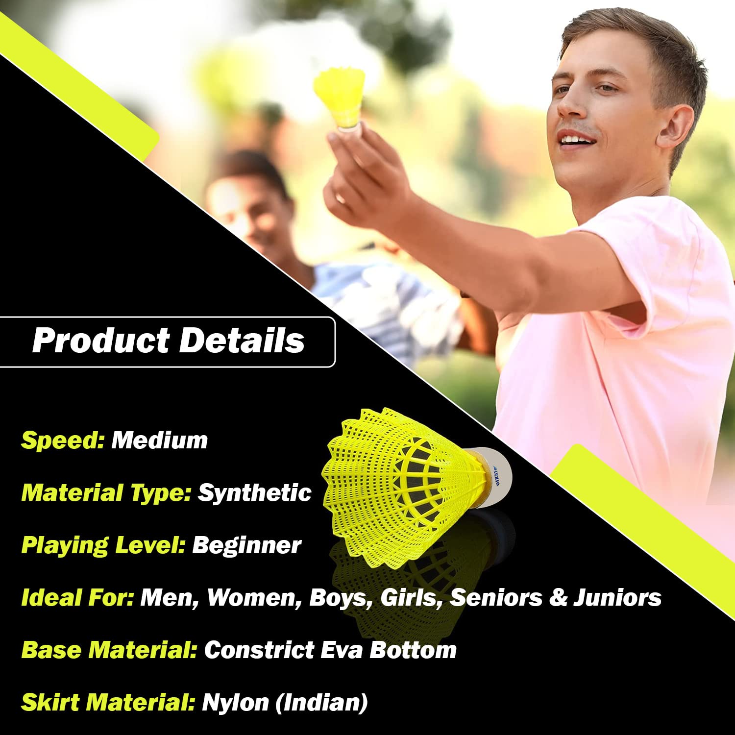 Yonex Mavis 10 Badminton Shuttlecocks Nylon | Yellow , Pack Of 6 , Cork Base & Nylon Skirt (Green Cap)