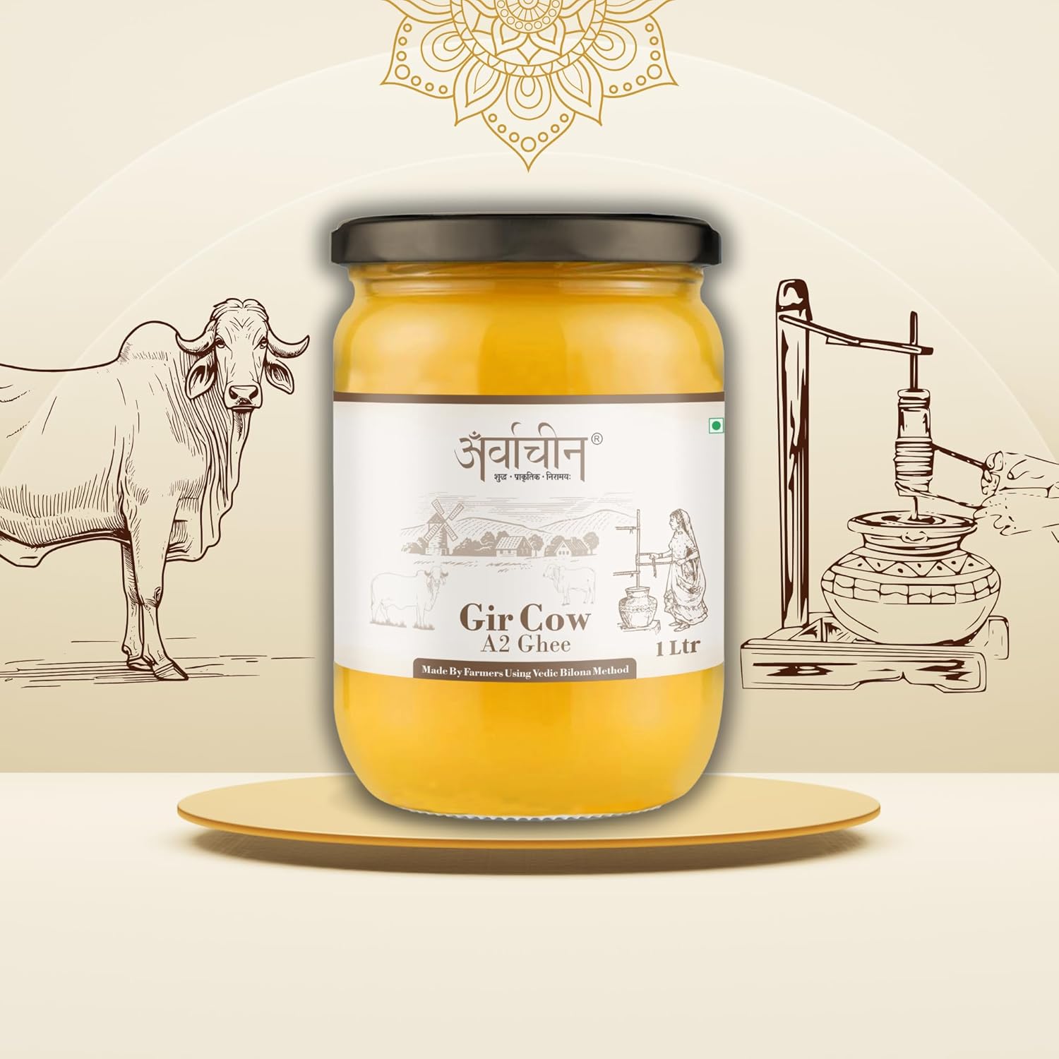 Premium A2 Gir Cow Ghee By Arvachin | Bilona Method Grassfed Cultured Traditional Desi Ghee For Muscles | (500ml) 16.9 Ounce | Jar Pack
