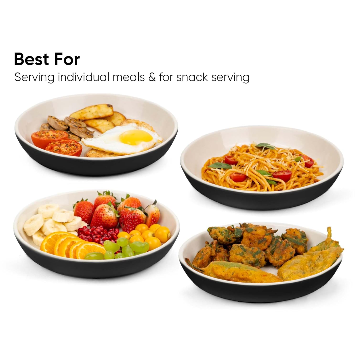 Ceramic Pasta Bowl Set Of 2 Pcs, 22cm - Black Outside, 300ml Each | Stoneware Ceramic Serving Bowls With Glossy Finish | Pasta Plate - Deep Plate | Ceramic Bowl - Pasta Serving Plate