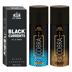 St. john Cobra Cool ,live Deodorants Body Spray 300ml 10.1 Fl.oz. & Black Currents Eau De Perfume 50ml 1.6 Fl.oz. Pack Of 3 | Perfect Gift For Couples