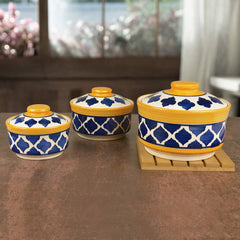 Hand Painted Ceramic Serving Donga With Lid Casserole Set Of 3 - 900ml, 500ml & 300ml, Blue & Yellow | Dinner Serving Set - Stackable Kitchen Bowl Set